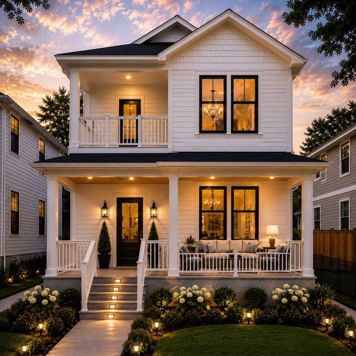 Magnolia home model expanded porch design at night, conceptual rendering by M&M Homes
