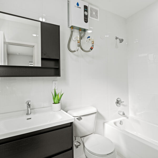 017-updated-apartment-bathroom-vanity Modern apartment bathroom remodel highlighting high-end plumbing fixtures and a custom vanity.